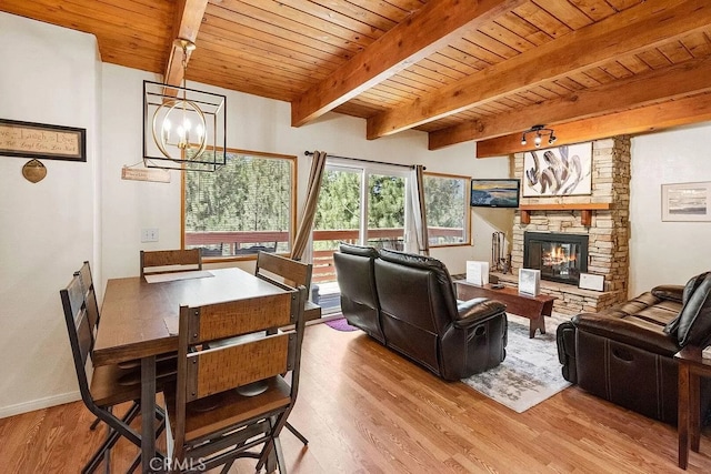 interior space with light wood-type flooring, wooden ceiling, and a fireplace