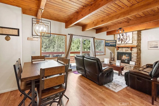 43869 Mendocino Dr, Big Bear Lake, CA 92315 - living room with wooden ceiling with exposed beams, wood finished floors, a chandelier, a stone fireplace, and baseboards