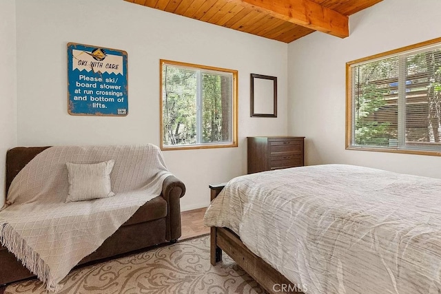 43869 Mendocino Dr, Big Bear Lake, CA 92315 - bedroom with wooden ceiling with exposed beams and baseboards