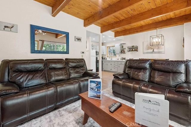 living room featuring a chandelier, carpet floors, beamed ceiling, and wood ceiling