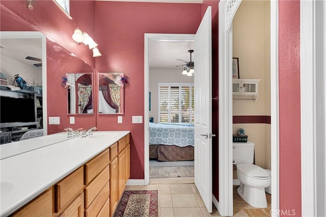 bathroom featuring tile patterned flooring, vanity, ceiling fan, and toilet