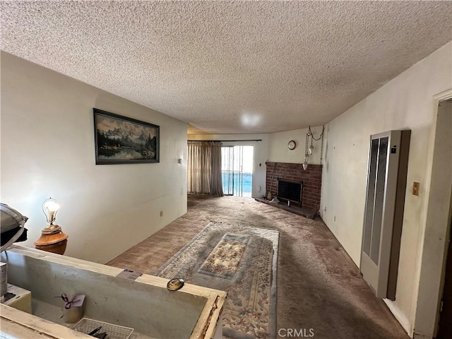 carpeted living room with a textured ceiling and a brick fireplace