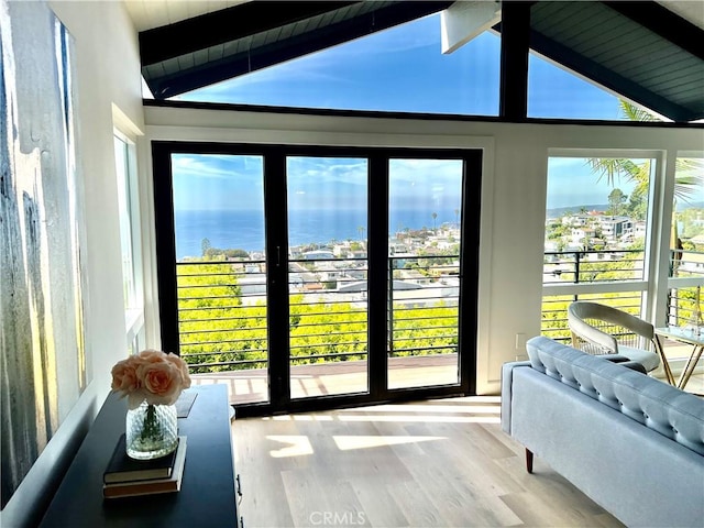 doorway with lofted ceiling with beams, a water view, and wood-type flooring