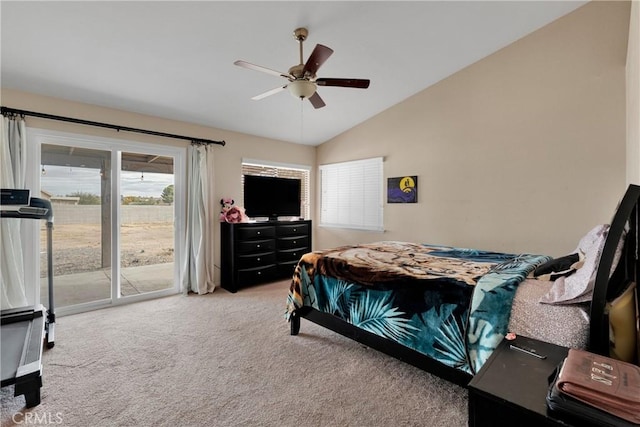 bedroom featuring access to exterior, light carpet, ceiling fan, and lofted ceiling