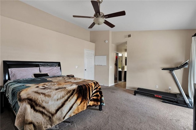 bedroom featuring carpet flooring, ceiling fan, and high vaulted ceiling