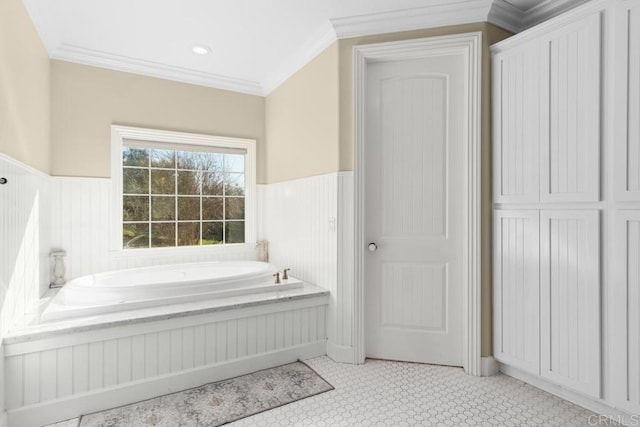 bathroom featuring a bathtub and ornamental molding