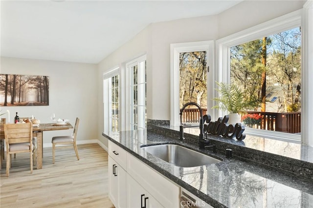 28164 N Bay Rd, Lake Arrowhead, CA 92352 - kitchen featuring plenty of natural light, dark stone counters, white cabinets, and light wood-style floors