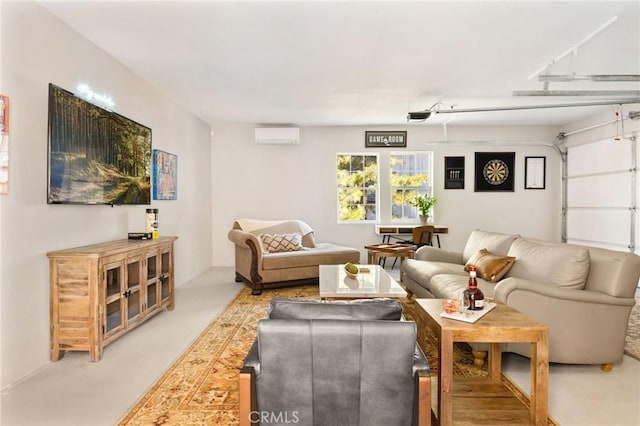 carpeted living room featuring a wall mounted AC