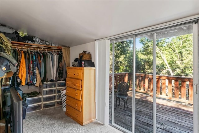 spacious closet with carpet floors and lofted ceiling