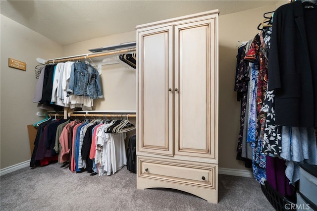 walk in closet with light carpet