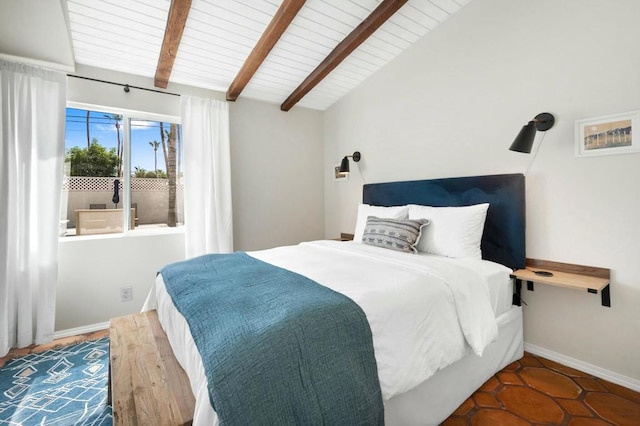 tiled bedroom with vaulted ceiling with beams and wood ceiling