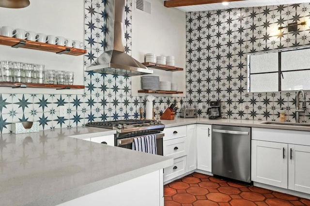 kitchen featuring white cabinets, sink, wall chimney exhaust hood, tasteful backsplash, and stainless steel appliances