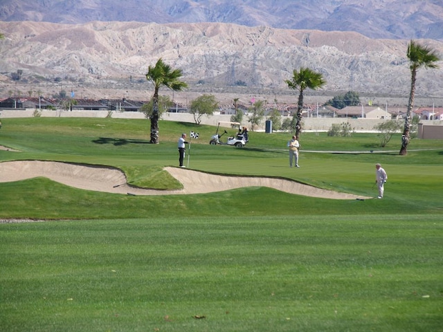 view of community featuring a lawn and a mountain view