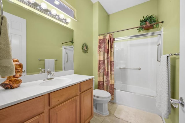 full bathroom with tile patterned floors, shower / bath combo, toilet, and vanity