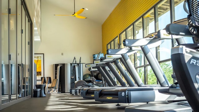 gym featuring ceiling fan and a high ceiling