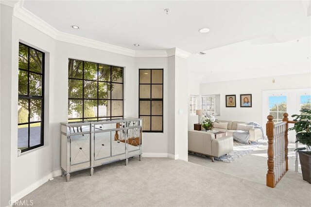 living area featuring light colored carpet and ornamental molding