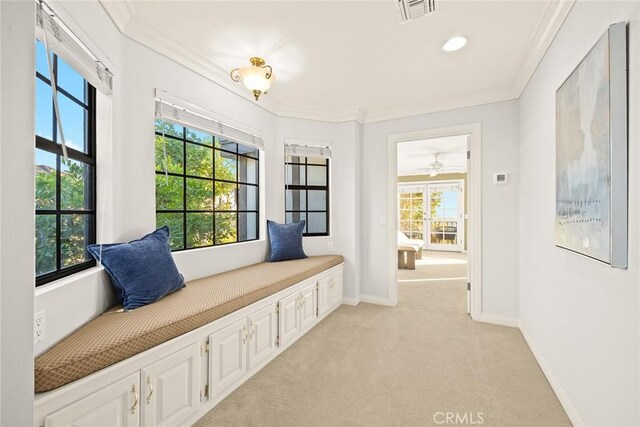 mudroom with ceiling fan, ornamental molding, and light carpet