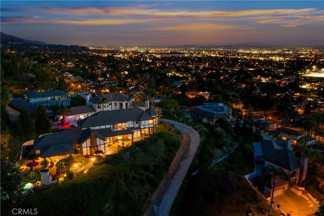 view of aerial view at dusk