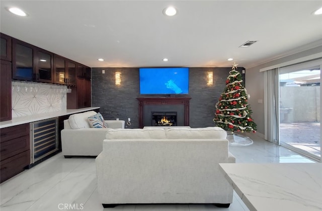 living room featuring beverage cooler