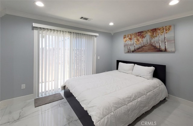 bedroom with crown molding