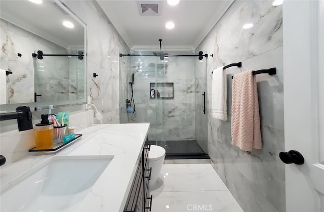 bathroom featuring toilet, an enclosed shower, crown molding, and vanity