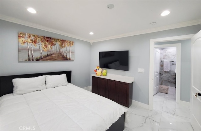 bedroom featuring ensuite bath and ornamental molding