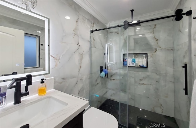 bathroom featuring crown molding, vanity, an enclosed shower, and toilet