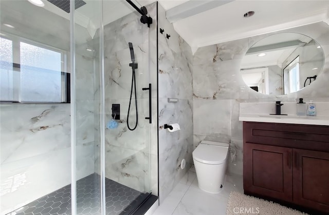 bathroom featuring walk in shower, vanity, tile walls, and toilet