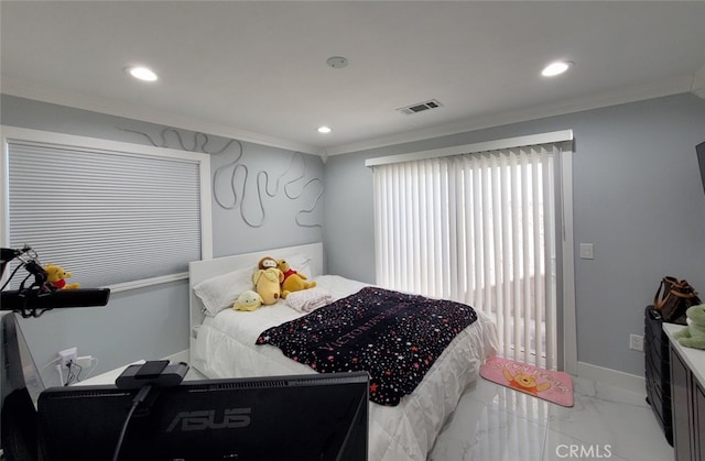 bedroom with crown molding