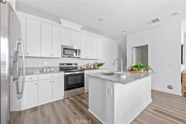 9431 N Sepulveda Blvd Unit 3, North Hills, CA 91343 - kitchen with stainless steel appliances, light wood-style floors, white cabinetry, an island with sink, and light stone counters