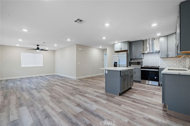 kitchen with stainless steel appliances, sink, wall chimney range hood, gray cabinets, and a kitchen island