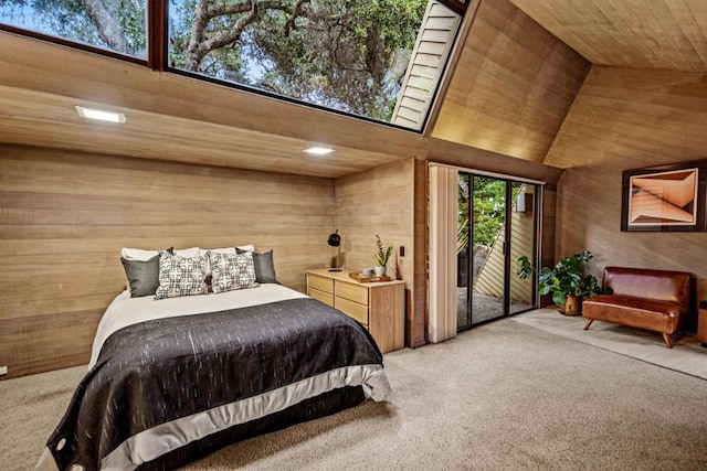 bedroom featuring wood walls, light colored carpet, wood ceiling, and multiple windows