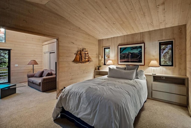 bedroom featuring wooden walls, light colored carpet, lofted ceiling, and wood ceiling