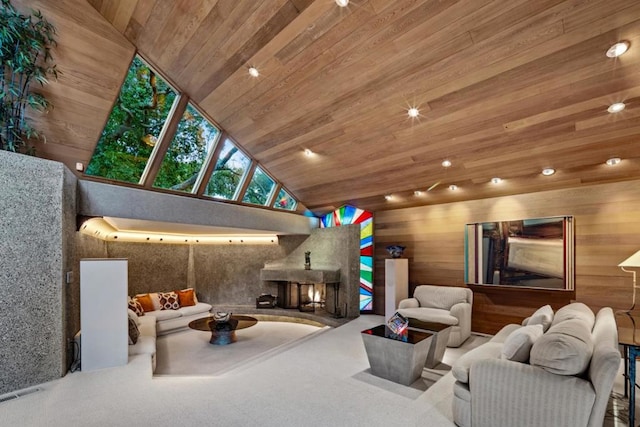 carpeted living room with wooden walls, wood ceiling, and high vaulted ceiling