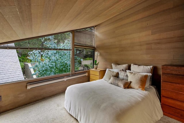 bedroom featuring wooden walls, light colored carpet, vaulted ceiling, and wooden ceiling