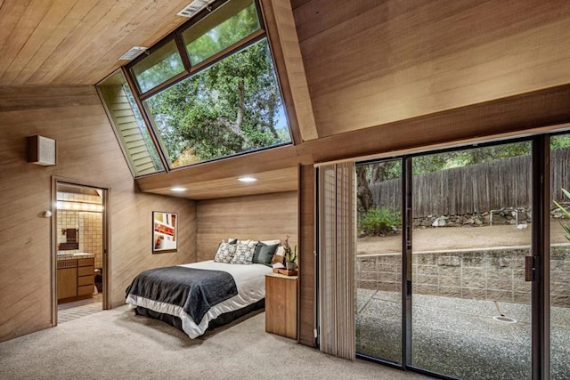 bedroom featuring access to outside, multiple windows, lofted ceiling, and wood ceiling