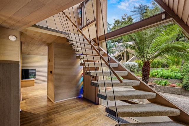 staircase with hardwood / wood-style flooring and wooden walls