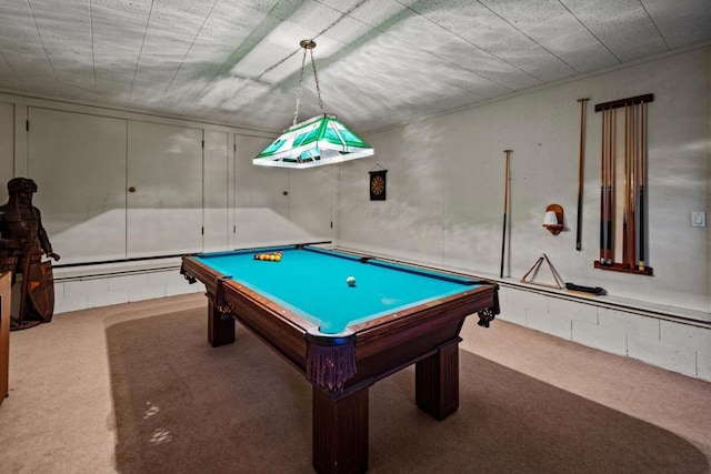 recreation room featuring carpet and billiards