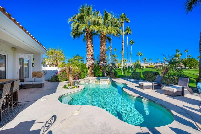 view of pool featuring an in ground hot tub and a patio