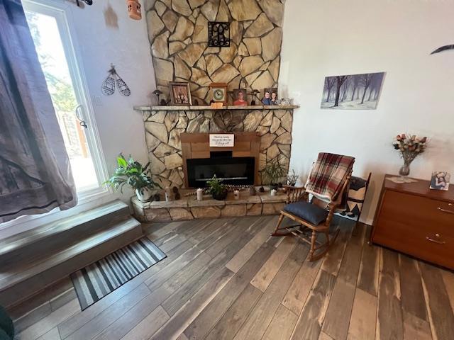 living area with hardwood / wood-style floors and a fireplace