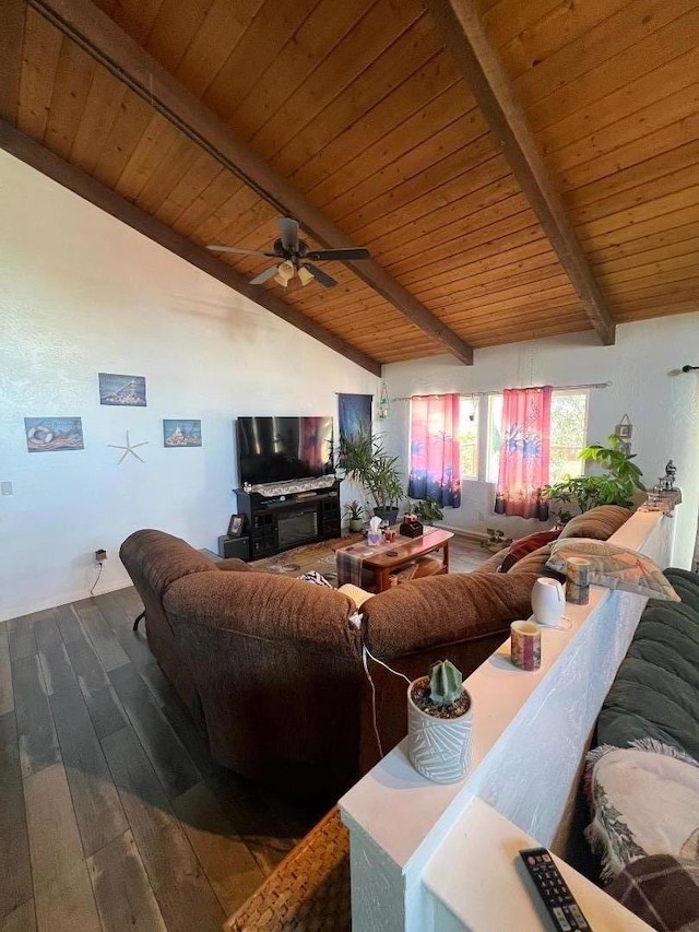 living room with wood ceiling, wood-type flooring, and lofted ceiling with beams