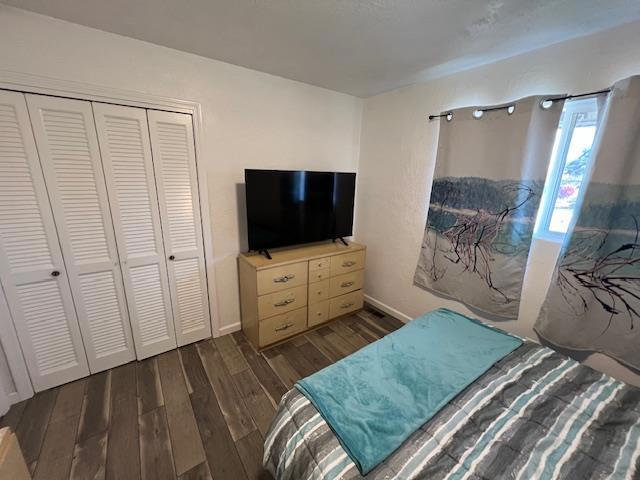 bedroom with a closet and dark hardwood / wood-style floors