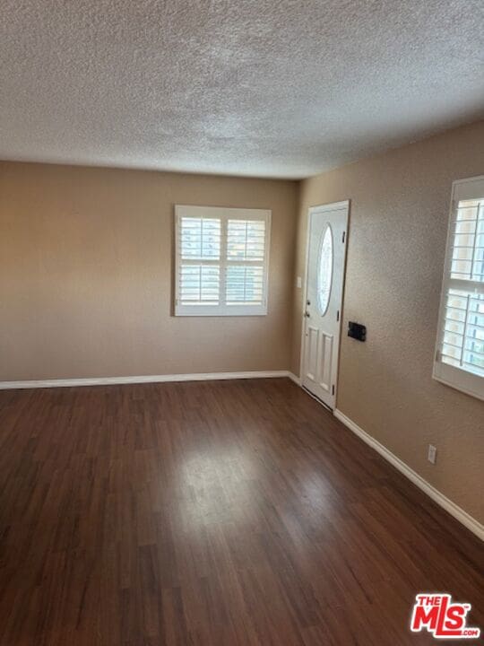 entrance foyer with dark hardwood / wood-style floors, a healthy amount of sunlight, and a textured ceiling