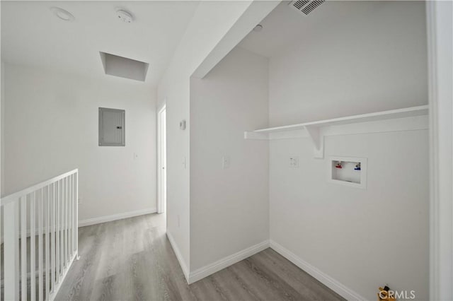 laundry area with washer hookup, electric panel, and hardwood / wood-style floors