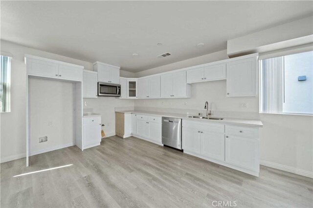 kitchen featuring white cabinetry, sink, light wood-type flooring, and appliances with stainless steel finishes