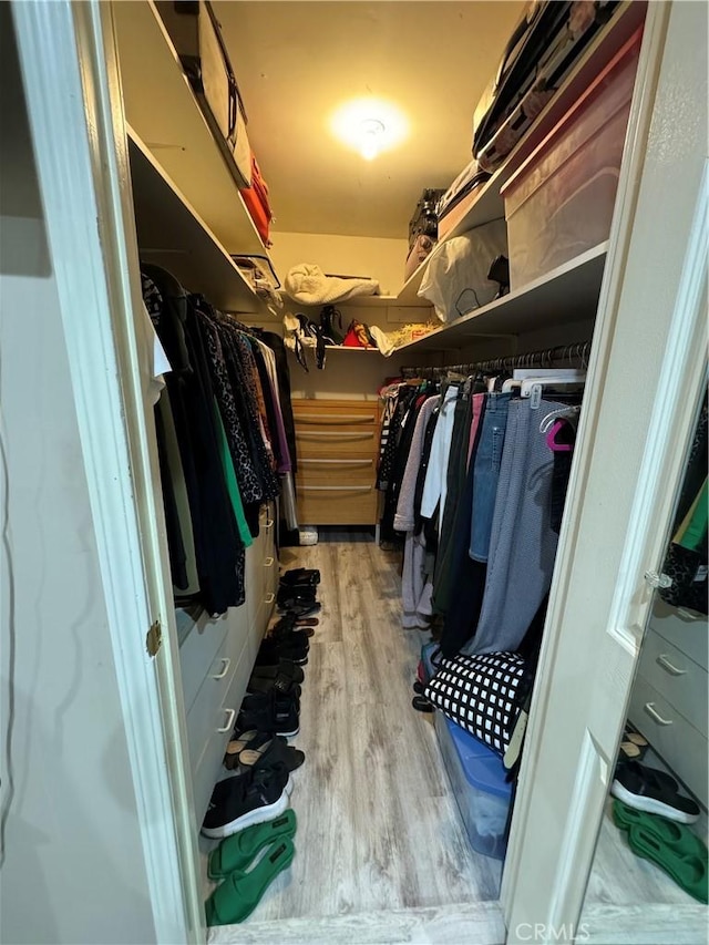 walk in closet with light hardwood / wood-style floors