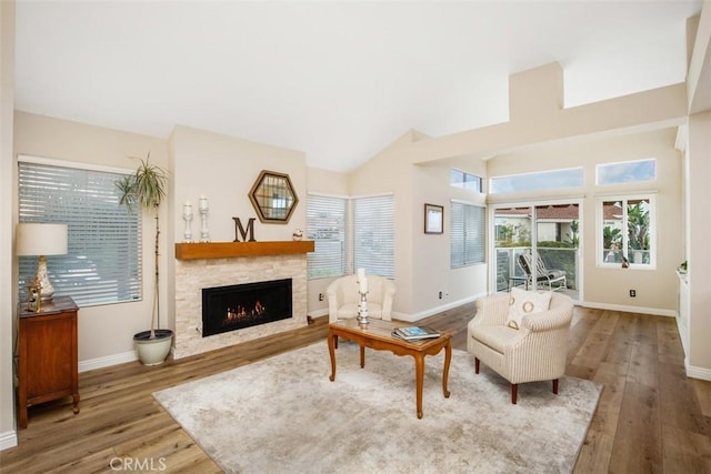 living room featuring a fireplace, wood-type flooring, and high vaulted ceiling