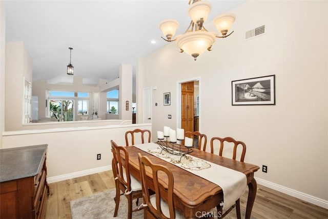 dining room with light hardwood / wood-style flooring and a chandelier