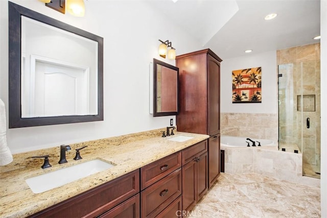 bathroom with vanity and plus walk in shower