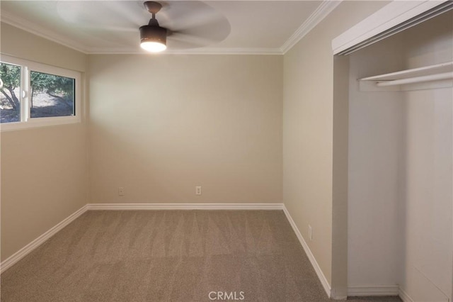 interior space featuring carpet flooring, ceiling fan, crown molding, and a closet